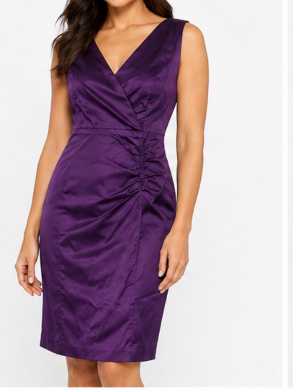 Donna Ricco Satin Purple Ruched V-Neck Sheath Dress